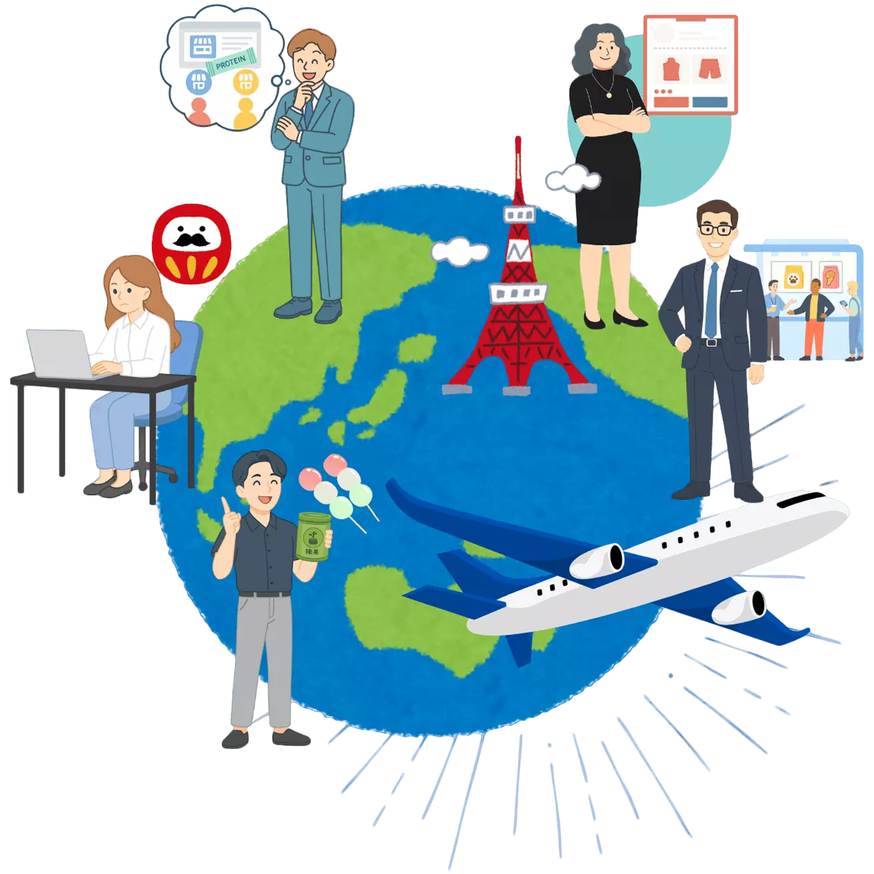 地球儀を囲んで準備を進める人物イラスト